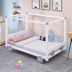 Canopy Car-Shaped White Twin Size Wood Platform Bed