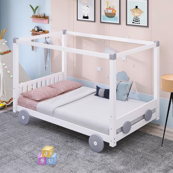 Harper & Bright Designs Canopy Car-Shaped White Twin Size Wood Platform Bed