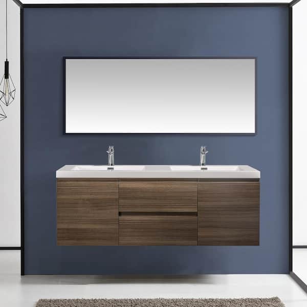 Satico 59.06 in.W x 19.69 in.D Wall-Mounted Bath Vanity in Grey Oak with white glossy Resin Top