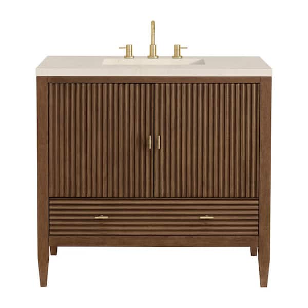 James Martin Vanities Myrrin 36.0 in. W x 23.5 in. D x 34.06 in. H Single Bathroom Vanity Mid-Century Walnut and Eternal Marfil Quartz Top