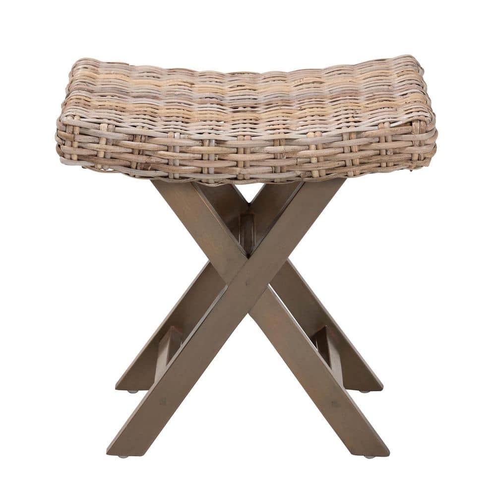 Hayate Mahogany and Rattan X-Base Ottoman Footstool