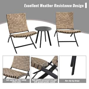 3-Piece Metal Patio Conversation Set with Coffee Color Folding Chairs and Black Table