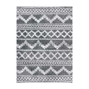 Rhea Cream-Black 8 ft. x 10 ft. Geometric Bohemian Plush Shag Polypropylene Area Rug