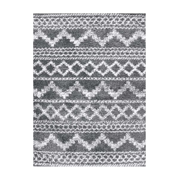 SUPERIOR Rhea Cream-Black 8 ft. x 10 ft. Geometric Bohemian Plush Shag Polypropylene Area Rug