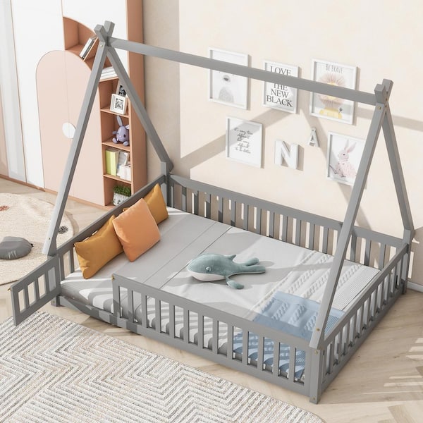 Harper And Bright Designs Tent Style Gray Wood Frame Full Size Platform