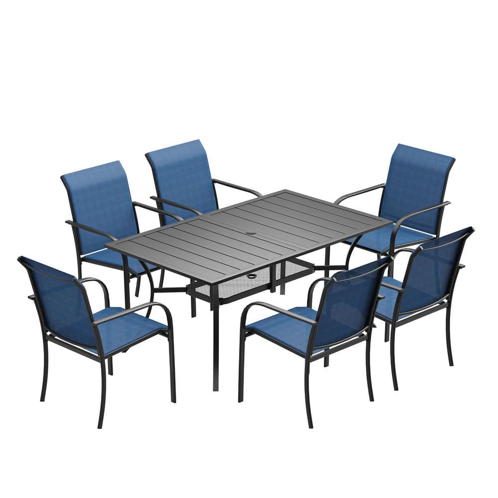 7-Piece Patio Dining Set with 59.2 in. Black Metal Rectangular Table and 6-Blue Stackable Dining Chairs for Backyard