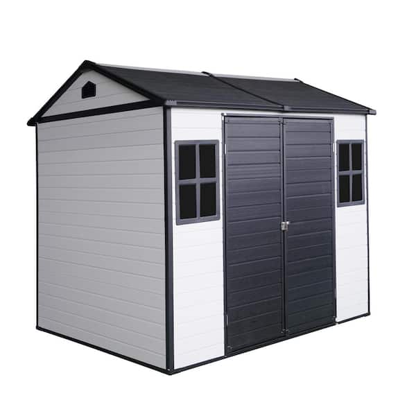 96 in. W x 75 in. D x 85 in. H Grey and White Polypropylene Outdoor Storage Cabinet with Floor & Two Windows