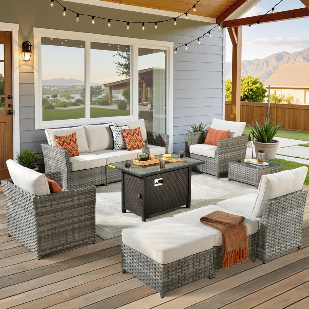 SunnyBraid Gray 10-Piece Wicker Outerdoor Patio Rectangular Fire Pit Set with Beige Cushions price history on PriceWatchPro