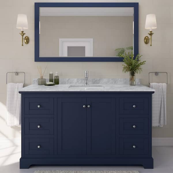 Wyndham Collection Avery 60 in. W x 22 in. D x 35 in. H Single Bath Vanity in Dark Blue with White Carrara Marble Top