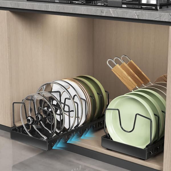 Black Pull Out Pot Lid Organizer Drawer Organizer with Sliding Rail Quiet Access and 16 Adjustable Dividers 2 Pieces
