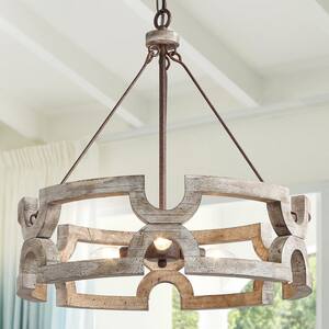 Modern Farmhouse 3-Light Rustic Bronze Natural Pine Wood Classic Candle Drum Chandelier for Kitchen Dining Room Foyer