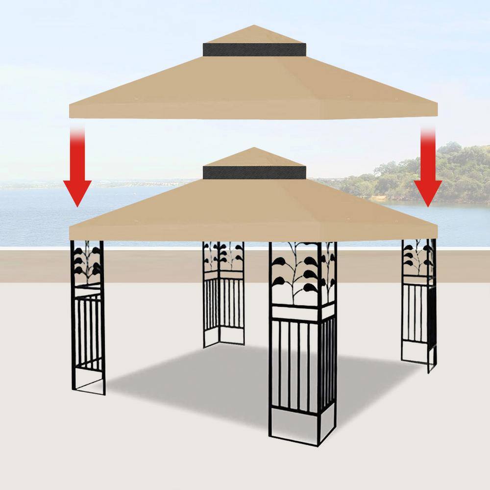 10x10 Ft Khaki Polyester Double Tiered Gazebo Replacement Canopy