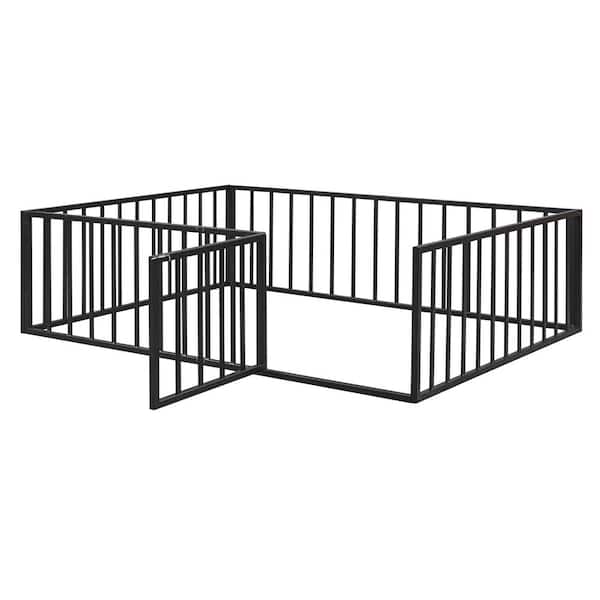 Black Metal Frame Full Size Floor Platform Bed with Full-Length Fence Guardrails and Door