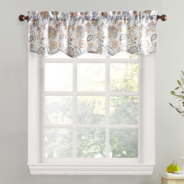 No. 918 Signy Jacobean Pattern 54 in. W x 14 in. L Light Filtering Rod Pocket Kitchen Curtain Valance in White
