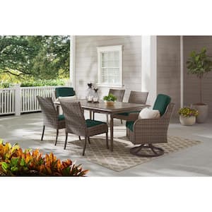 Windsor Brown Wicker Outdoor Stationary Armless Dining Chair w/ CushionGuard Charleston Blue-Green Cushions (2-Pack)