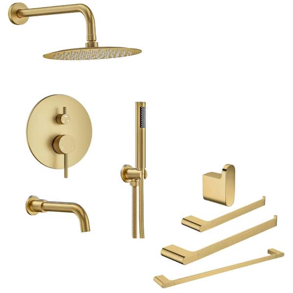 10 in. Rainfall Double Handles 3-Spray Tub and Shower Faucet 2.5 GPM and Towel Racks in Brushed Gold Valve Included