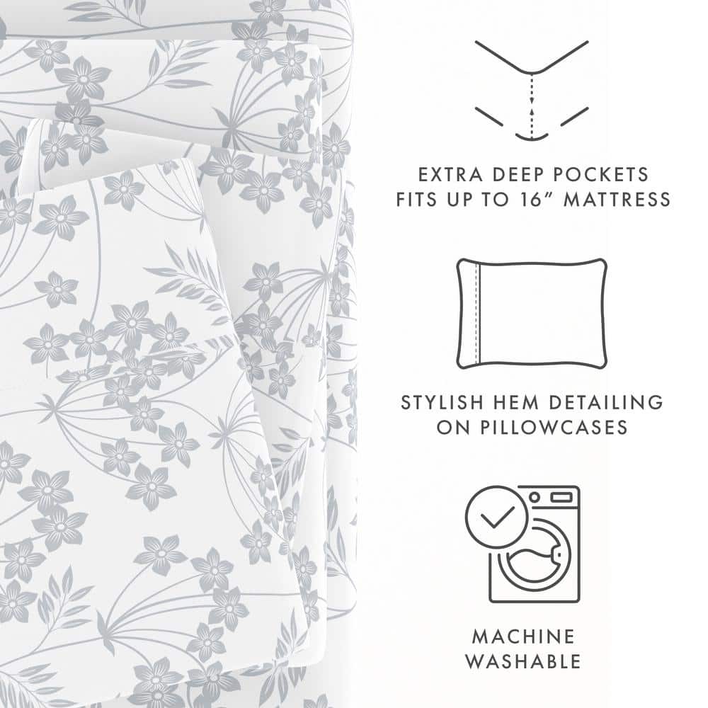 King Blue Floral Microfiber Deep Pocket Sheet Set