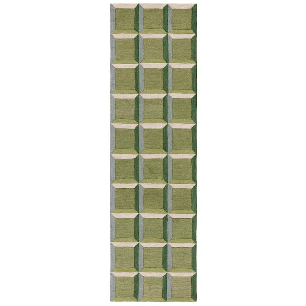 Genre 2 ft. x 5 ft. Green/Beige square Geometric Runner Rug