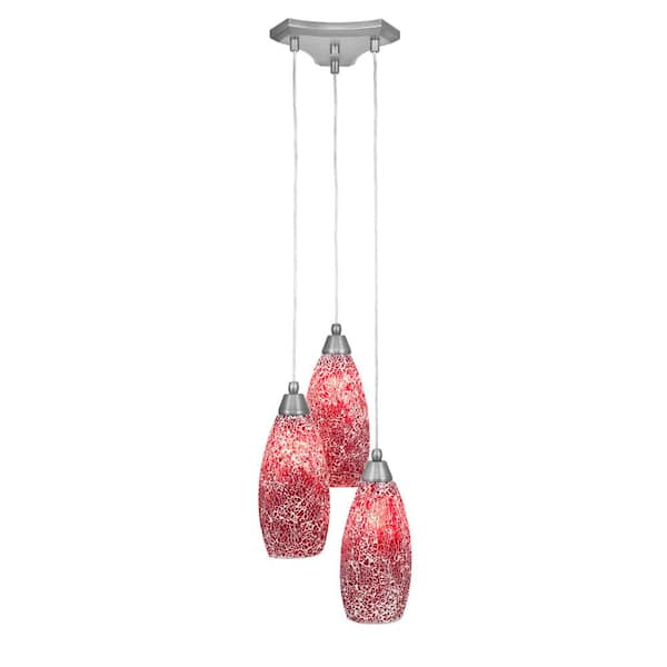 Unbranded Condor 3 Light Brushed Nickel, Cluster Pendant Light with 5.5 in. Red Fusion Glass Shades, No bulbs included