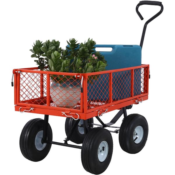 Runesay Steel Garden Cart Steel Mesh Removable Sides 3 cu. ft. 550 lbs.. Capacity in Red