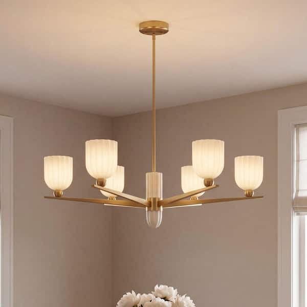 Collier 40 in. W x 12.5 in. H 6-Light Warm Brass Modern Chandelier with White Opal Ribbed Glass and No Bulbs Included