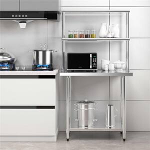 Silver Stainless Steel 36 in. 2-Tier Overshelf Kitchen Prep Table with Adjustable Lower Shelf
