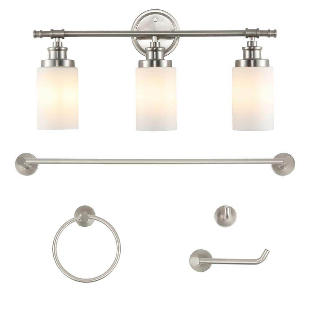 Egan 23.25 in. 3-Light Vanity Light with Frosted GlassShades and Bathroom Hardware Acessory Set Brushed Nickel (5-Piece) price history on PriceWatchPro