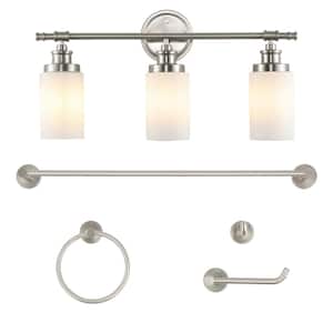 Egan 23.25 in. 3-Light Vanity Light with Frosted GlassShades and Bathroom Hardware Acessory Set Brushed Nickel (5-Piece)