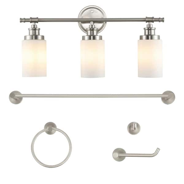 JONATHAN Y Egan 23.25 in. 3-Light Vanity Light with Frosted GlassShades and Bathroom Hardware Acessory Set Brushed Nickel (5-Piece)