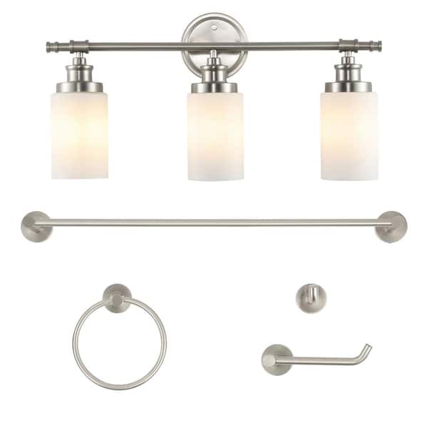 Egan 23.25 in. 3-Light Vanity Light with Frosted GlassShades and Bathroom Hardware Acessory Set Brushed Nickel (5-Piece)