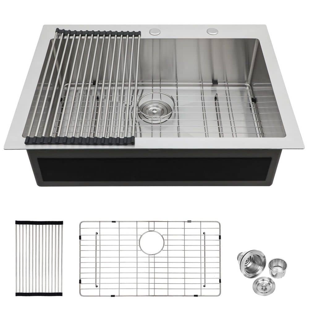 33 in. Drop-in Single Bowl 16 Gauge Brushed Nickel Stainless Steel Kitchen 