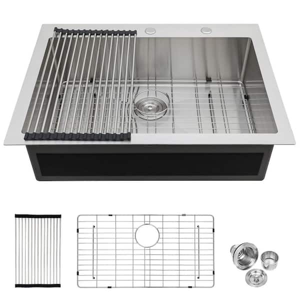 33 in. Drop-in Single Bowl 16 Gauge Brushed Nickel Stainless Steel Kitchen Sink with Bottom Grids and Rolling Rack