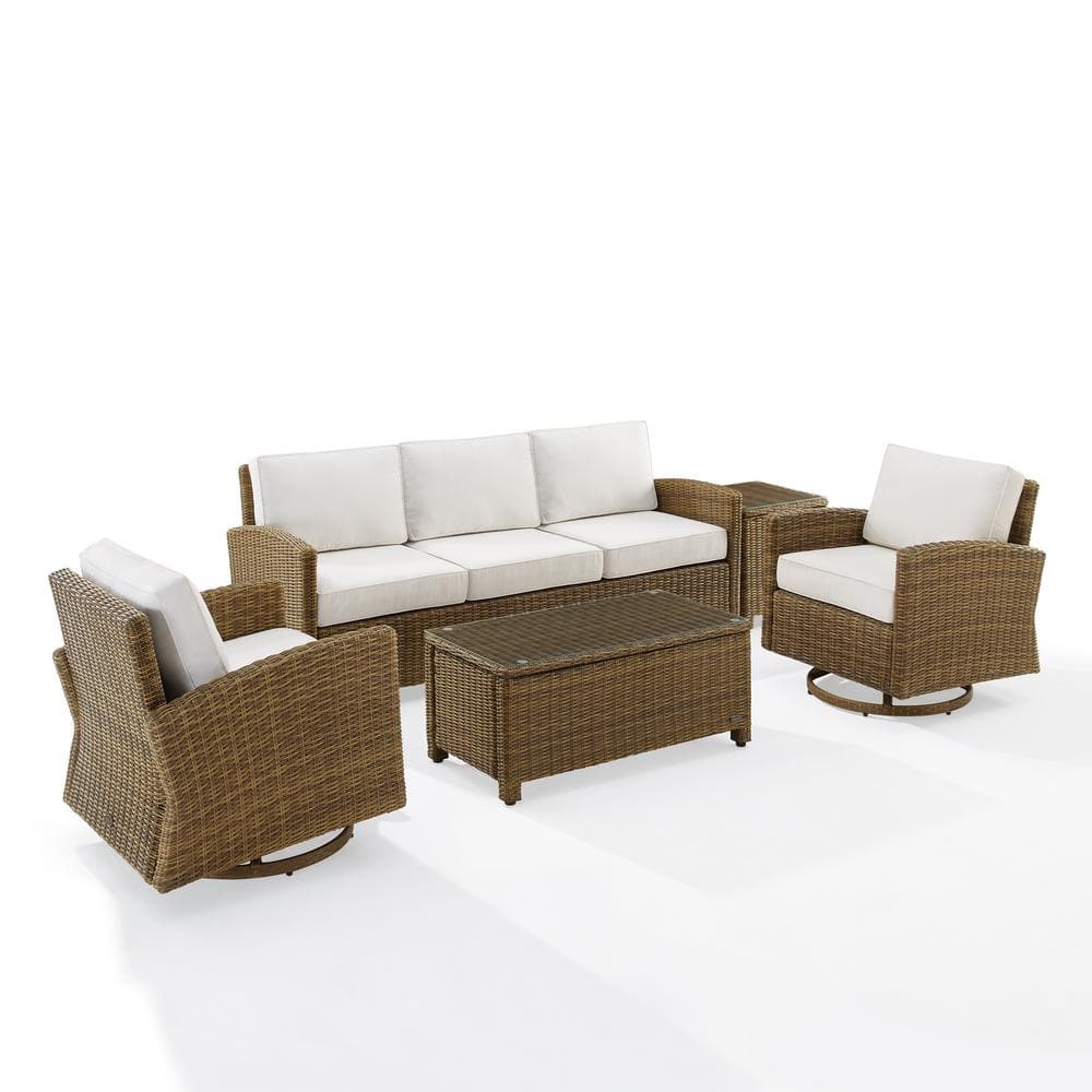 Bradenton Weathered Brown 5-Piece Wicker Patio Conversation Set with White Sunbrella Cushions -  CROSLEY FURNITURE, KO70425WB-WH