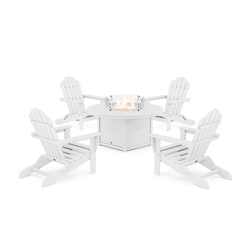 Classic White 5-Piece Folding Adirondack Conversation Set with Fire Pit Table