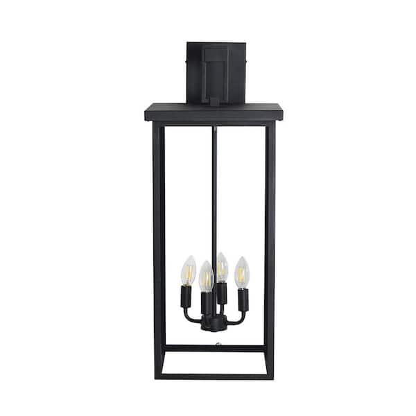 Jushua 25.6 in. 4-Light Outdoor Black Metal Lantern Wall Sconce with Clear Glass, 4 E12 Bulb Socket, Weatherproof (No Bulbs)