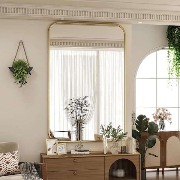 XRAMFY 29.5 in. W x 47.2 in. H Rectangular Modern Gold Aluminum Framed Rounded Bathroom Mirror Wall Mirror