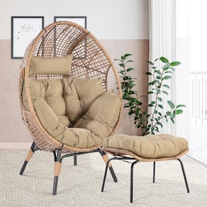 PE Wicker Outdoor Lounge Egg Chair with Brown Cushion and Ottoman