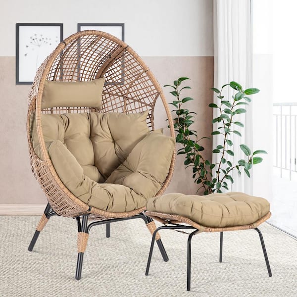 NICESOUL PE Wicker Outdoor Lounge Egg Chair with Brown Cushion and ...