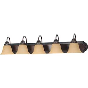5-Light Mahogany Bronze Vanity Light with Champagne Linen Washed Glass Shade