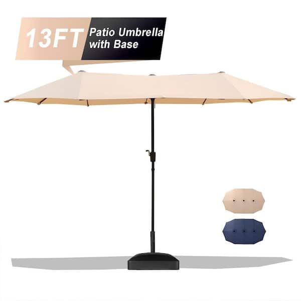 13 ft. Market Double-Sided Rectangular Patio Umbrella in Beige with Mobile Base