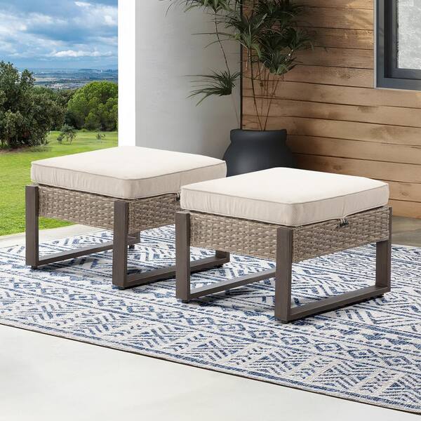 Gardenbee Wicker Outdoor Patio Ottoman with Steel Frame and Beige Cushion (Set of 2)