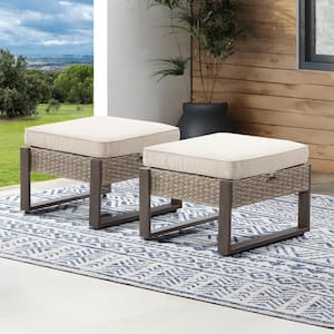 Wicker Outdoor Patio Ottoman with Steel Frame and Beige Cushion (Set of 2)