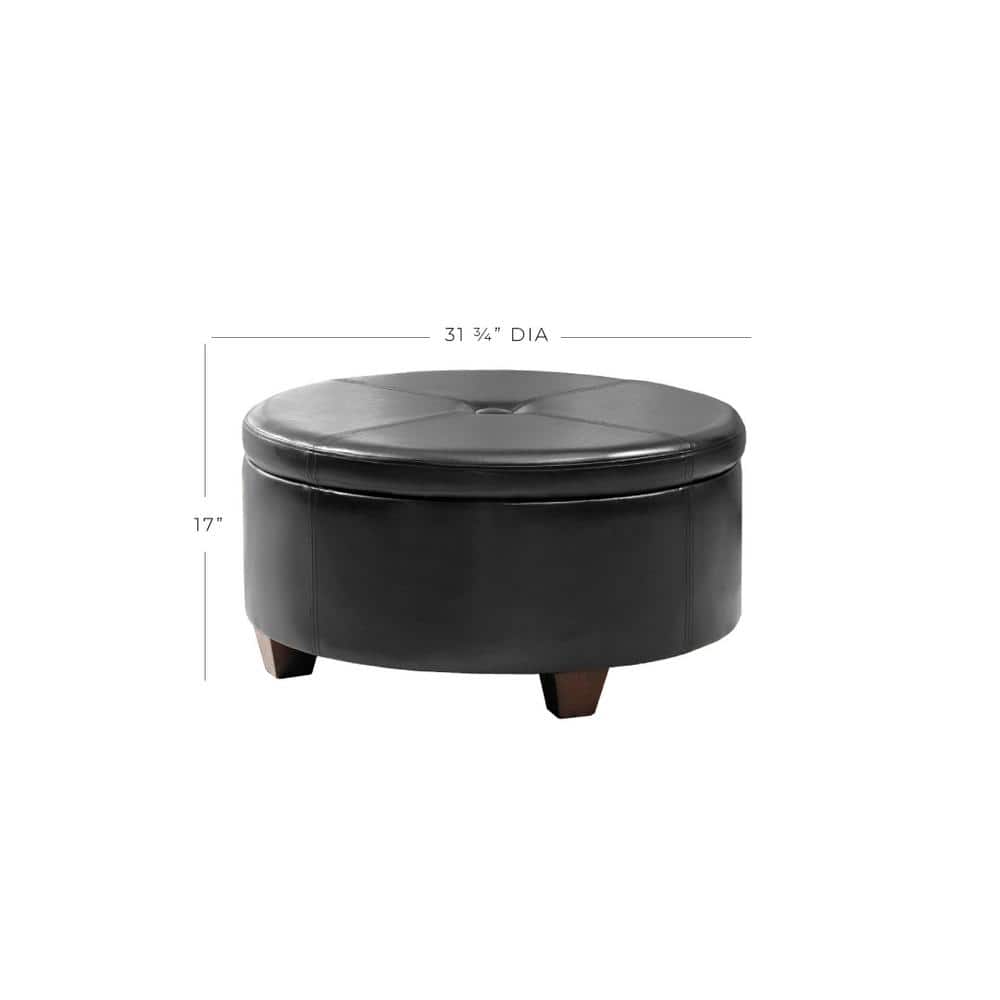 Winston Large Round Tufted Storage Ottoman in Faux Leather Black