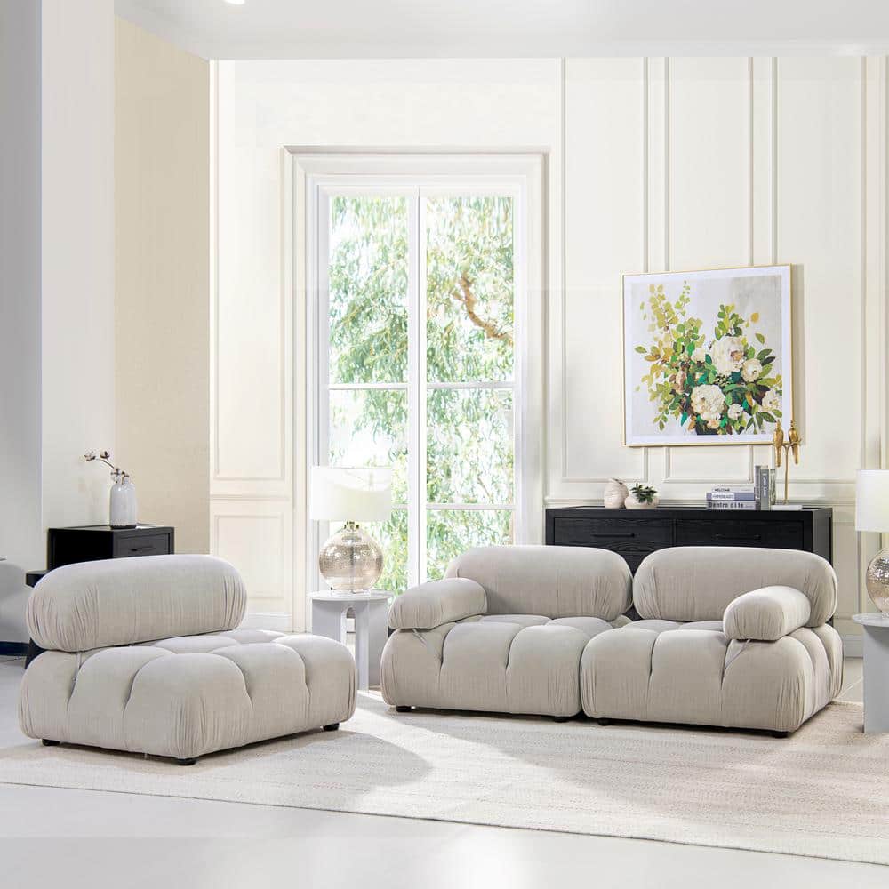 Pebble Gray Tufted Modular 3-Piece Sofa with Round Arms