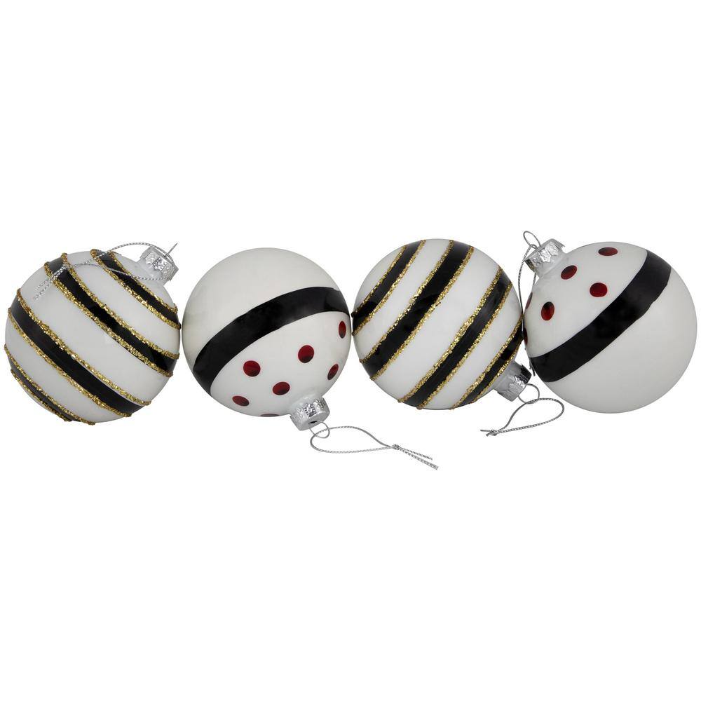 Set of 4 White and Black Striped Glass Christmas Ornaments with Gold Accents