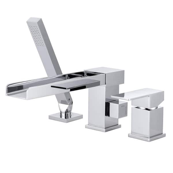 VEVETTA Single-Handle Tub Deck Mount Roman Tub Faucet with 360° Swivel Waterfall Spout with 59 in. Hose in Polished Chrome