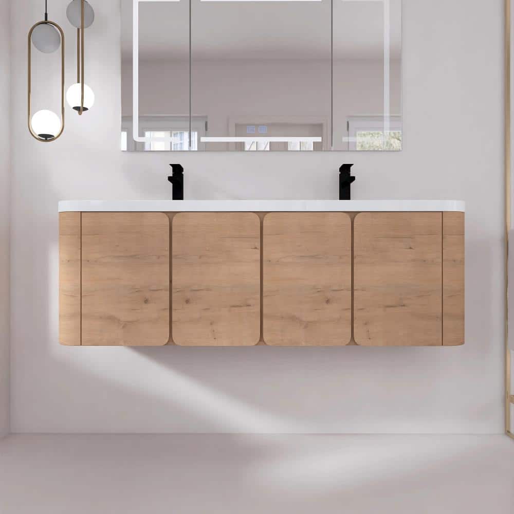 60 in. Double Floating Imitative Oak Bath Vanity with White Resin Top Unassembled price history on PriceWatchPro