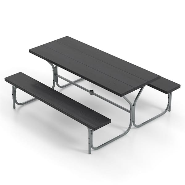 HONEY JOY 72 in. Black Rectangle Metal Frame Picnic Tables Bench Set for 8-Person