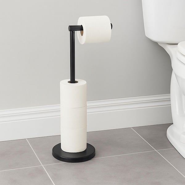 Modern Black Freestanding Toilet Paper Dispenser and Reserve with Folding Arm for Compact Bathrooms