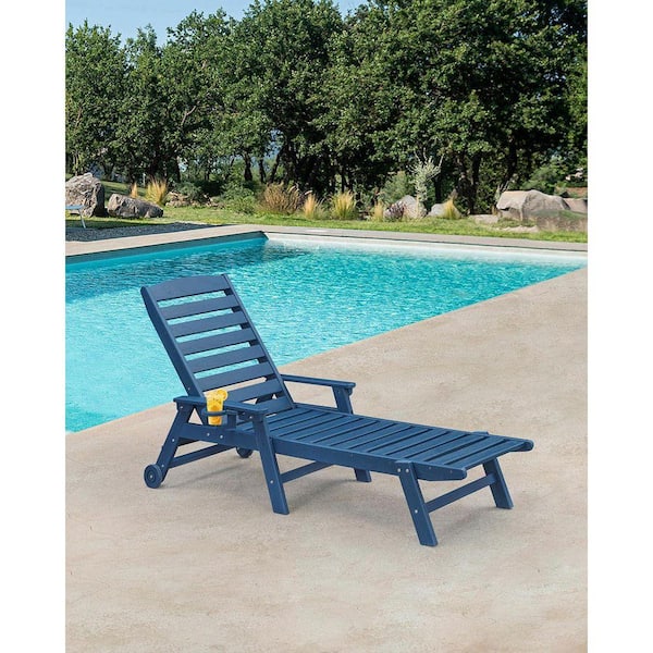 Blue HDPE Patio Chaise Lounge Chair Outdoor Chair Adjustable Outdoor Lounger with Wheels and Cup Holder